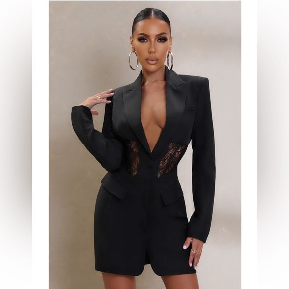 club london blazer dress L | Dresses | Club L Londontogether Black Structured Lace Corset Tailored blazer mini dress with Girl Dress:9-12 months Cocktail dress for women Black Long Sleeve One covered button closure